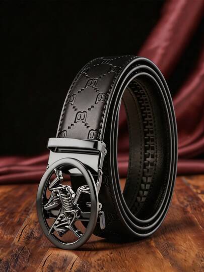 Men's 120cm (47.2 Inch) Durable Leather Belt, Embossed Pattern Waist Strap With Horse Shaped Automatic Ratchet Buckle, Heavy Duty, Anti-Scratch & Wear-Resistant, Adjustable For Business, Formal, Casual & Daily Wear, Multi-Color Options (Gold/Silver/Black Buckles), Ideal Gift For Men, Father, Husband Or Boyfriend