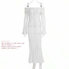 女士露肩白色蕾丝连衣裙，优雅长款喇叭袖，修身鱼尾廓形，浪漫精致，适合婚礼、正式活动和特殊场合，秋冬派对春季皆宜。 - 紅色 - 查看 9