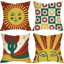 4pcs Bohemian Style Sun Face Decorative Pillow Case Set, Boho Western Desert Cactus Sunset Porch Outdoor Home Decor, Retro Plaid Sofa Cushion Cover - Red - View 6