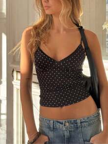 Women Polka Dot Spaghetti Strap Tank Tops Y2K Fairycore Lace Trim Corset Camisole V Neck Slim Cami Tops Cute Lace Trim Crop Tops For Summer Going Out Tops Sweet T-Shirt Casual Streetwear - 黑色 - 查看 2