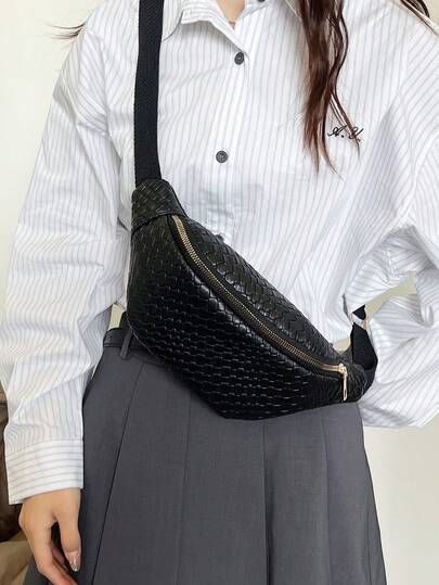 1 chiếc túi đeo hông/túi ngực/túi thể thao nữ bằng da PU màu trơn, họa tiết dệt, túi đeo vai thường ngày, quà tặng ngày lễ