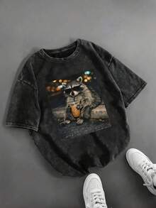 Camisetas informales de cuello redondo y cómics cortos para hombre, con un divertido sello de Mapache y un café helado. - Negro - Ver 1