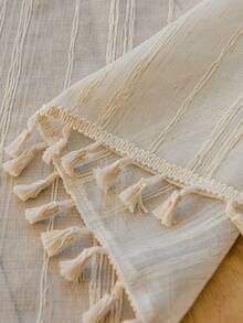 LOSPRING Rèm ngắn nhà bếp chất liệu vải lanh với tua rua ở viền, rèm cửa sổ nửa trong suốt chất liệu dây thừng. - Màu be - Xem 5