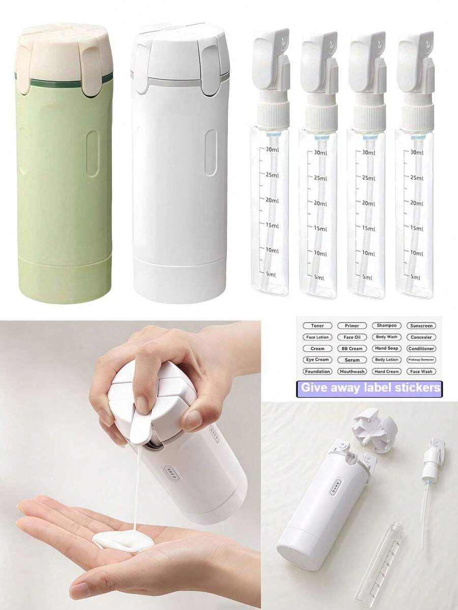 4-In-1 Travel Refillable Bottles, Brand New Integrated Portable Makeup And Shampoo Storage Bottles With Pump Dispenser And Measurement Scale, Ideal For Travel And Cosmetics Organization - Multicolor - View 1