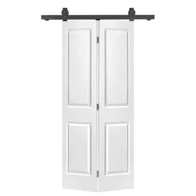 30 In. X 80 In. 2 Panel White Painted MDF Composite Bi-Fold Barn Door With Sliding Hardware Kit
