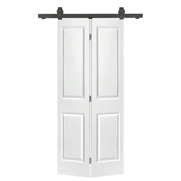 30 pulg. X 80 pulg. Puerta de granero plegable de 2 paneles de MDF compuesto pintado en blanco con kit de herrajes deslizantes