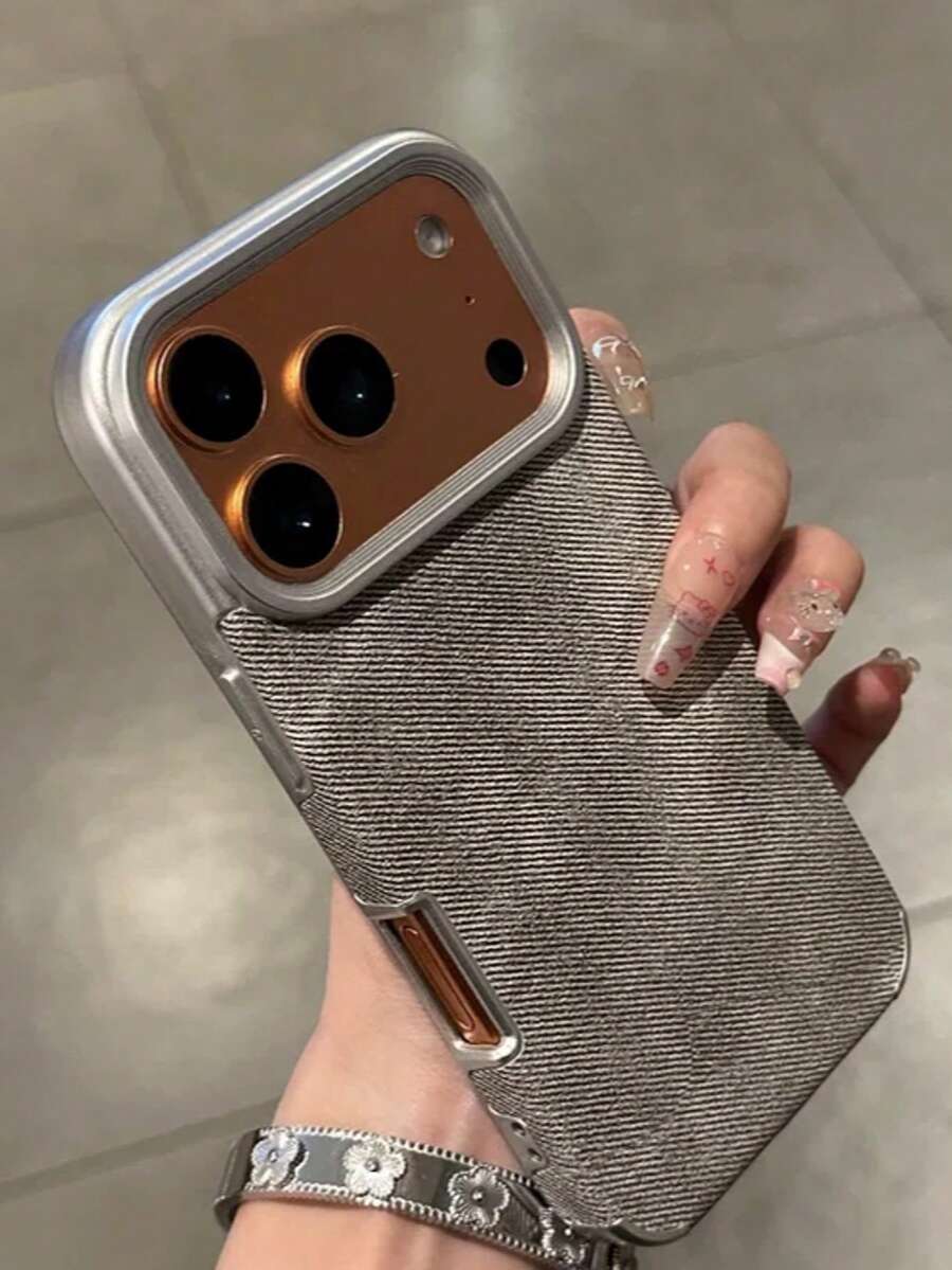 Funda de teléfono metálica Tela vaquera de lujo Funda suave con revestimiento compatible con iPhone 17 16 15 14 Plus 13 12 11 17 Pro Max 16Pro Protección contra golpes Funda de marca - Gris - Ver 1