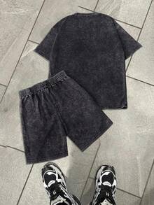 男士夏季休闲街头印花短袖套装（2件套），水洗黑色纯棉圆领T恤套装 - 黑色 - 查看 2