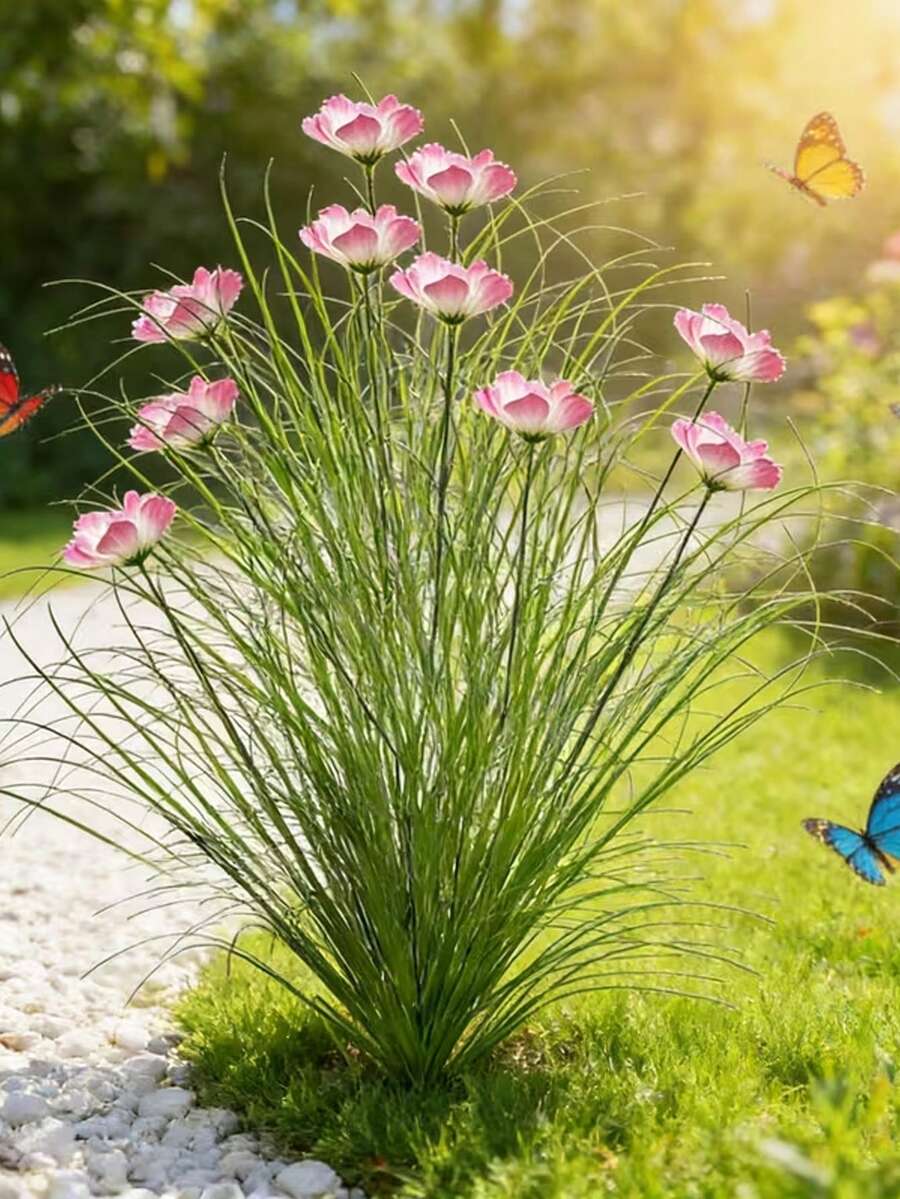 1/6/10 Maços de Grama Artificial de Cebolinha e Flores de Cosmos, Buquê de Girassol Rosa, Arbusto de Planta Verde Artificial para Exterior Resistente a Raios UV, Vegetação Artificial Simulada para o Solo, Adequado para Quintal, Jardim, Sala de Estar, Decoração de Hotel, Moldura de Janela, Casamento, Aniversário