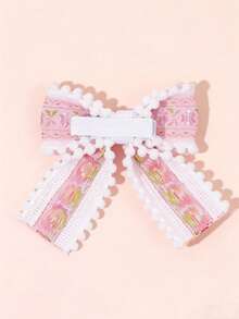 1 Piece Cute Pink Floral Embroidered Bow Hair Clips For Girls, Sweet Lace Edge Hair Barrettes, Princess Style Hair Accessories For Girls Daily Wear And Party - Clip - View 4