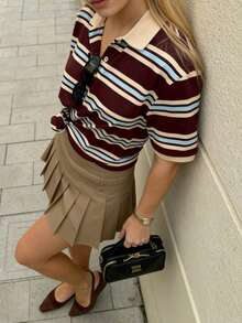 Polo a rayas estilo americano retro | Estilo universitario relajado de verano - Café integral - Ver 5