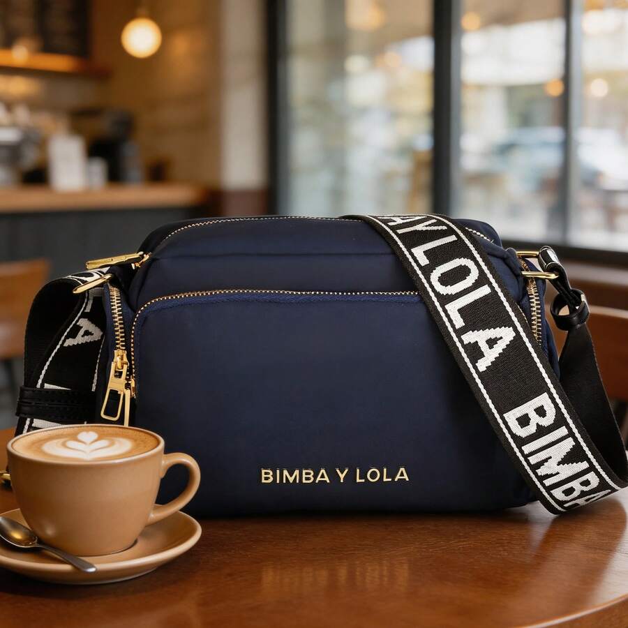 1 Small Square Nylon Bag With Letter Print, Zipper, Detachable Wide Shoulder Strap, Women's Casual Crossbody Bag, Suitable For Year-Round Use, Available In Several Colors - Màu xanh đậm với chữ đen và chữ trắng (logo vàng) - Xem 1