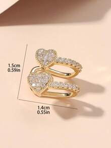 1 pieza Pendiente de oreja con forma de corazón de cobre con doble circonita de moda para mujeres - Amarillo Oro - Ver 6