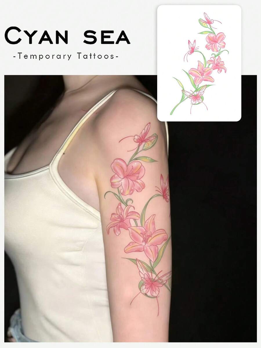 1pc Waterproof, Sweat-Resistant, Washable Non-Reflective Temporary Floral Tattoo Sticker, Elegant, Graceful, Fashionable, Suitable For People - Multicolor - View 1