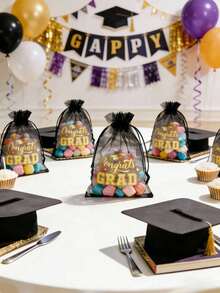 6pcs Graduation Commemorative Black Mesh Drawstring Bag, Black And Gold "Congratulations Graduates" Design, With Star And Diploma Patterns, Transparent Small Gift Bag, Suitable For Gifting, Graduation Celebration Decorations, And Congratulatory Graduation Gifts. - Multicolor - View 1