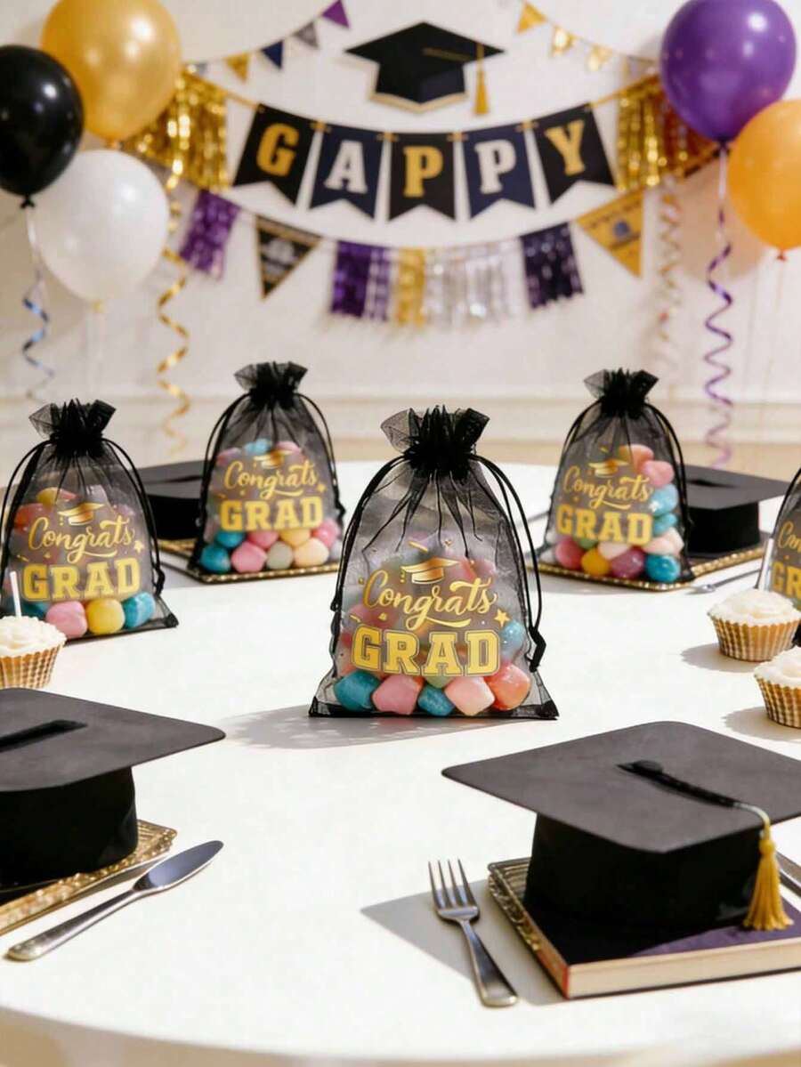 6pcs Graduation Commemorative Black Mesh Drawstring Bag, Black And Gold "Congratulations Graduates" Design, With Star And Diploma Patterns, Transparent Small Gift Bag, Suitable For Gifting, Graduation Celebration Decorations, And Congratulatory Graduation Gifts. - Multicolor - View 1