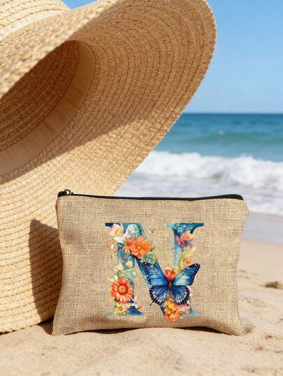 时尚花卉蝴蝶字母化妆包，A-Z字母花卉蝴蝶印花化妆包，花卉字母帆布袋，轻便便携旅行化妆包，带拉链，方便个人旅行化妆品收纳。毕业典礼、婚礼季和假期必备，新娘伴娘化妆包，母亲节化妆包，送给母亲、女儿、闺蜜、老师的理想之选。
