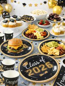 40pcs Graduation Party Tableware Set, Graduation Decorations, Graduation Theme Disposable Tableware Set, Paper Plates, Paper Cups And Napkins, Graduation Party Supplies, Gold And Black Graduation Decor, 2026 Graduation Party Decorations, Home Decor, Kitchen Tabletop Decor, 2026 Graduation Decor - Graduation Season Black Gold - View 6
