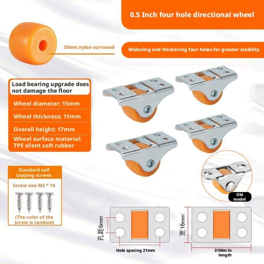 Bộ 4 bánh xe, bánh xe cao su không xoay, mỗi bánh xe chịu tải 17,6 lbs, bánh xe cố định chịu lực cao, kèm theo 8 ốc vít. - Bánh xe chỉ hướng màu cam - Xem 1