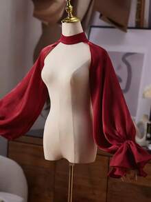 European And American Style Bridal Long Sleeve Shoulder Decor Chiffon Shawl, Versatile Accessory For Wedding Dress - Red - View 3