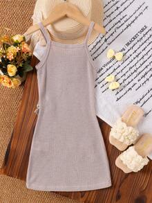 1件装 女童舒适休闲吊带连衣裙，轻薄夏季款 - 米色 - 查看 2