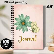 1 Peça Caderno de Espiral com Linhas Tamanho A5 com Padrão Floral Fresco e de Borboleta, Bottom Rosa Elegante com Flores Verdes e Borboletas Amarelo Claro, Texto "Diário" Adiciona Toque Artístico, Minimalista, Porém Prático, Proporciona Experiência Confortável para Escrita Diária e Registro de Inspiração, Combina Estética e Funcionalidade. - A - Visão 7