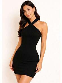 Short Dress With Crossed Straps – Fitted, Sexy, And Elegant For Parties - Black - View 2