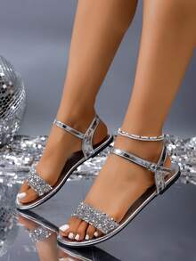 Women's Square Toe Rhinestone Flat Sandals, Strap Ankle Strap Sandals, Suitable For Daily Commute And Party Occasions - Silver - View 7