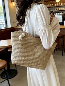 Bolso de playa de paja para vacaciones de verano, de gran capacidad, de moda, versátil, bolso de hombro casual - Caqui claro - Ver 9