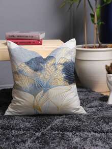 1 pieza Funda de cojín con patrón de hoja de ginkgo dorado de lujo, funda de almohada cuadrada de terciopelo con estampado creativo, adecuada para sala de estar, dormitorio, decoración del hogar, cojín decorativo para sofá, cojín para coche, para todas las estaciones - Multicolor - Ver 5