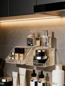 2pcs Luxury Transparent Acrylic Storage Box, No Drilling Needed Strong Adhesive Installation, Slanted Compartment Design, Convenient & Quick, Suitable For Bathroom Wall-Mounted Storage Of Toiletries, Toothbrush & Toothpaste, Bedroom Bedside Cosmetics, Great Gift For Mother's Day Or Loved Ones - Clear - View 3