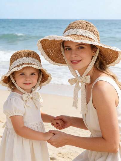 2件套亲子蕾丝钩花遮阳帽，适合海滩度假夏季户外