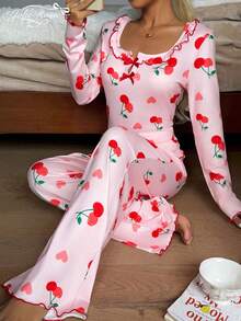 2pcs Women Casual Cherry Print Ruffle Trim Long Sleeve Square Neck Loungewear Set, Autumn - Pink - View 5