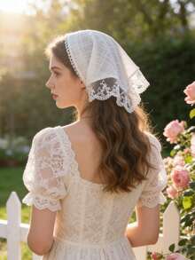 1pc Lace Trim Triangular Headband, Elegant Headscarf Hair Accessory - Beige - View 3