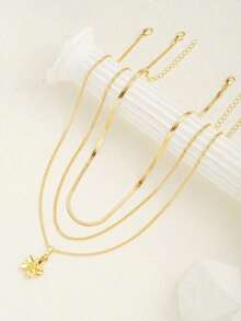 3pcs Flower Pendant, Wide Snake Bone Chain Necklace Minimalist Metal Layered Necklace Set, Elegant Vintage Chic Design, For Holiday, Party, Daily Wear, Gift - 黃金 - 查看 5