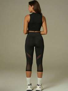 UONNOU 1件装女士透气网眼运动七分裤，高腰收腹带口袋 - 黑色 - 查看 6