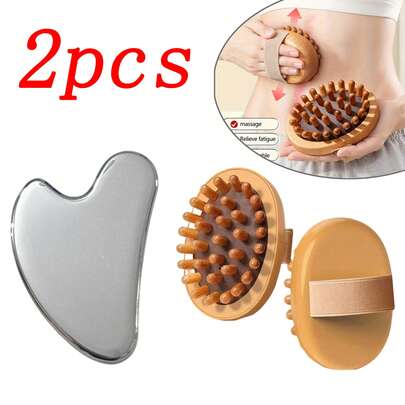 Bộ dụng cụ massage chăm sóc da mặt và toàn thân - Bàn chải massage bằng gỗ + Bảng Gua Sha bằng thép không gỉ: Bàn chải - Dụng cụ trị liệu massage toàn thân, giúp giảm mệt mỏi và đau nhức, cải thiện độ đàn hồi của da, giảm tích tụ mỡ, thúc đẩy tuần hoàn máu và bạch huyết, loại bỏ sưng tấy. Có thể dùng để chải khô loại bỏ tế bào chết. Đệm thích hợp để thoa tinh dầu và massage khi tắm nắng. Thích hợp cho chăm sóc sắc đẹp, chăm sóc da, spa, massage và sử dụng khi tắm; Bảng Gua Sha bằng thép không gỉ, massage mặt, bảng massage thư giãn cơ mặt và toàn thân; Đồ dùng làm đẹp, dụng cụ massage, dụng cụ chăm sóc cơ thể.