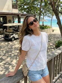 2026夏季新款法式珍珠短袖T恤，镂空刺绣女式衬衫，白色 - 白色 - 查看 4