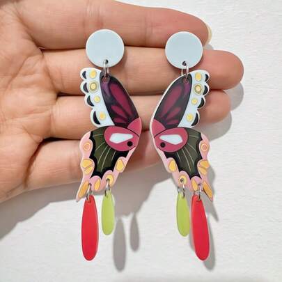 一对不对称撞色蝴蝶元素+流线吊坠耳环，复古抽象蝴蝶翅膀，色彩鲜艳，亚克力高清喷绘轻盈耳环，女士日常佩戴或珠宝礼品