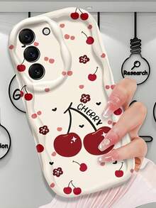Creative Lucky Cherry Blossom Flower Print Wavy Edge Protective Phone Case Compatible With Samsung A14/A15/A16/A17/A04/A05/A06/A07/A54/A55/A56/A57/A34/A35/A36/A37/S26/S26Plus/S26Ultra/Transsion SMART 7/8/9/10/Honor 400/400Pro/200/200Pro/X7C/X8C/X9C/ 10C/13C - White - View 2