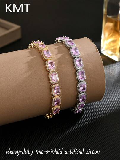 KMT 1件女士铜镶嵌光环方形立方氧化锆手镯，适合女士佩戴。奢华闪耀的新娘婚庆珠宝，是参加舞会、盛会和日常佩戴的理想之选。
