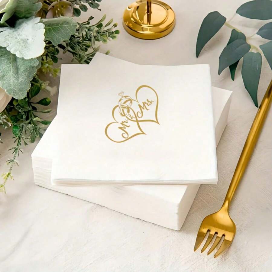 100 Stück/Set Herz-förmige Papierservietten Mr & Mrs, gefaltete Größe 11,5 cm/4,53 Zoll. Perfekt für fröhliche Familienfeiern, Feiertagsgeschenke, Freundinnengeschenke, Partybevorzugungen, Hochzeitstafel-Dekorationen, Verlobungsfeier-Arrangements und Hochzeitssaison-Zubehör - Herr und Frau 100P - Übersicht 1