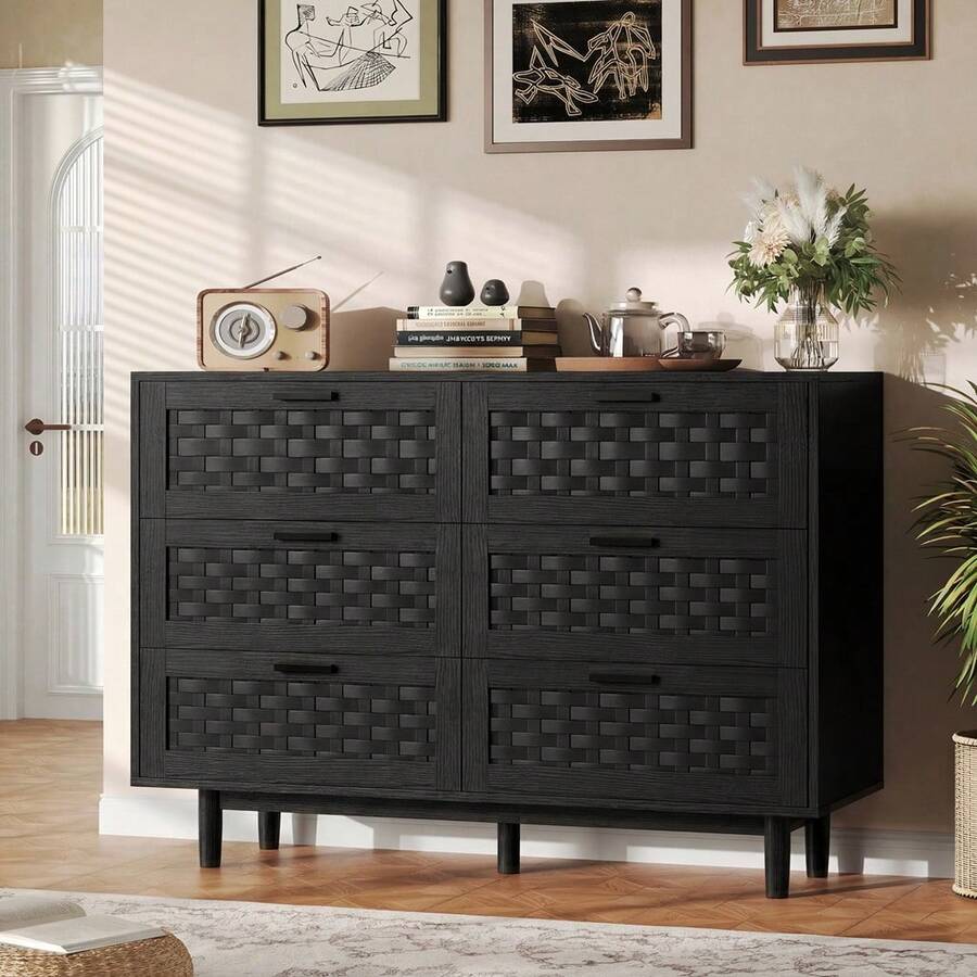 Cassettiera a 6 cassetti, cassettiera per soggiorno, credenza a 6 cassetti, cassettiera con maniglia e gambe, mobile multiuso a 6 cassetti per camera da letto, soggiorno, corridoio, 115x40x80 cm - nero - Visualizzare 1