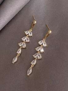 1 Pair Of Rhinestone Tassel Leaf Earrings - Yellow Gold - View 2