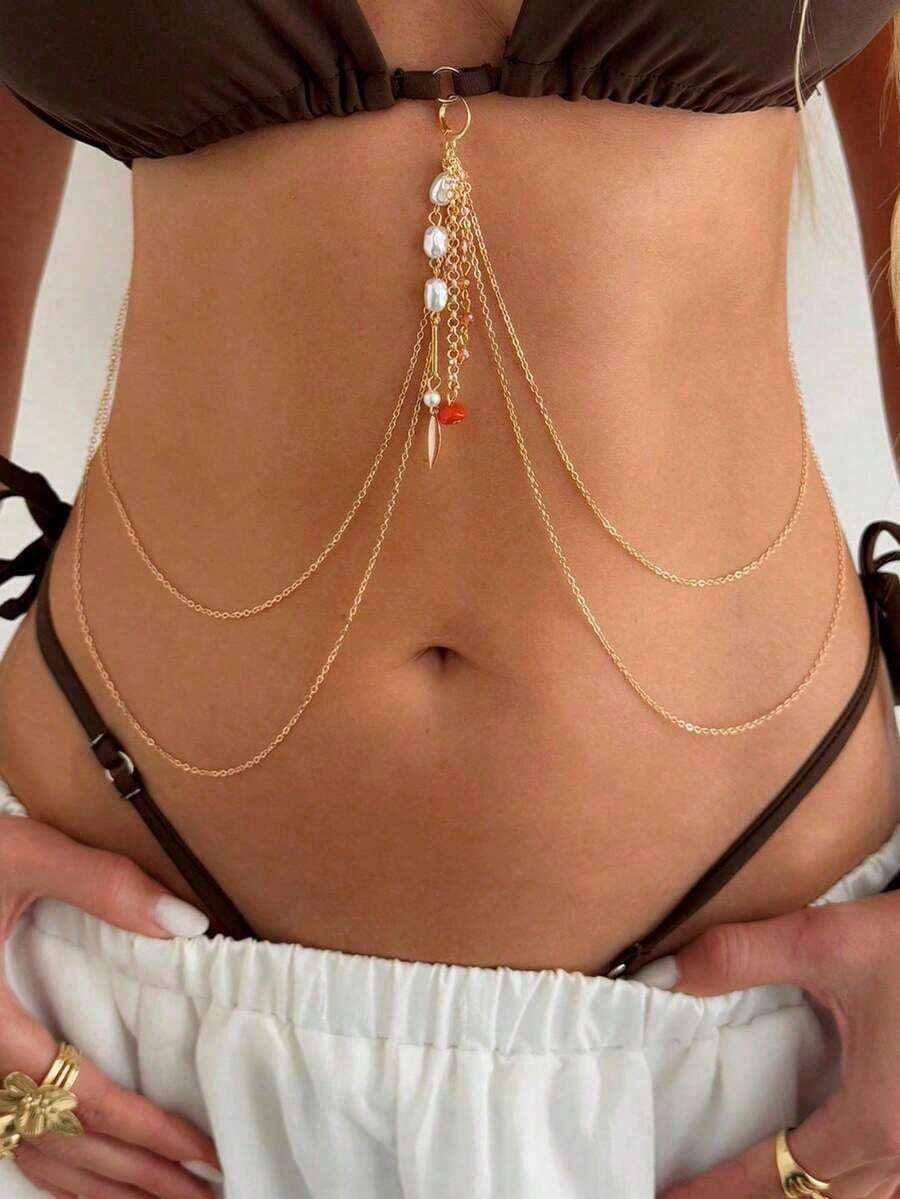 1pc Multi-Yer Baroque Irregur Pearl Pendant Tassel Body Chain, Sexy Bikini Chain, Multifunctional Chest Chain/Body Jewelry, Women Casual Daily Holiday Body Jewelry - 彩色 - 查看 1