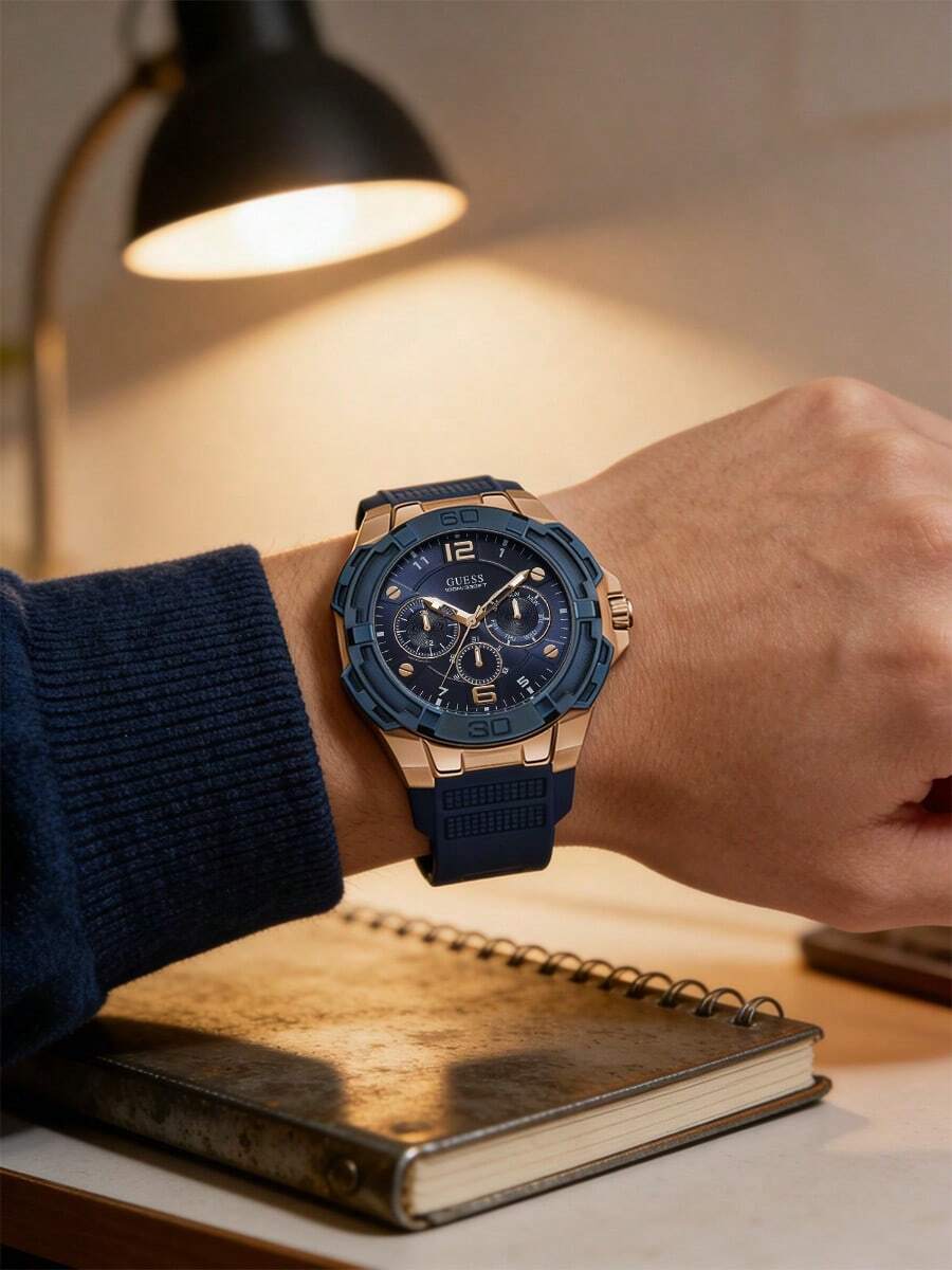 Guess UESS Genesis 男士蓝色表盘玫瑰金橡胶表带腕表 W1254G3 - 藍色 - 查看 1