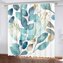 2片装蓝色桉树叶窗帘 - 绿松石色和金色植物纹理窗帘，杆袋式设计，保护隐私，适用于卧室和客厅，2D平面图 - 彩色 - 查看 1
