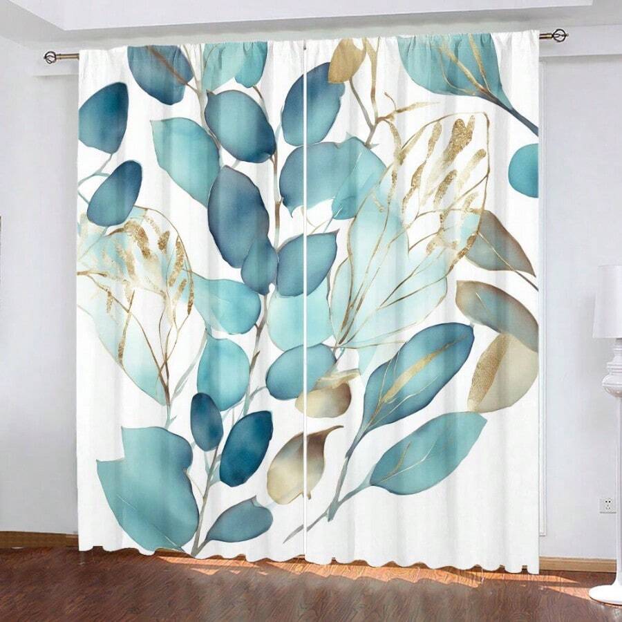 2片装蓝色桉树叶窗帘 - 绿松石色和金色植物纹理窗帘,杆袋式设计,保护隐私,适用于卧室和客厅,2D平面图 - 彩色 - 查看 1