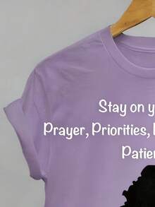 New Summer 2026 Collection From Local Warehouse. New Spring/Summer Graphic T-Shirts For Women, Featuring A 2D Flat Print, Black Lettering Pattern, And A Classic Crew Neck And Short Sleeve Design. Stylish And Casual, Machine Washable, A Great Valentine's Day Gift, 100% Cotton RU4Q - 紫色 - 查看 3