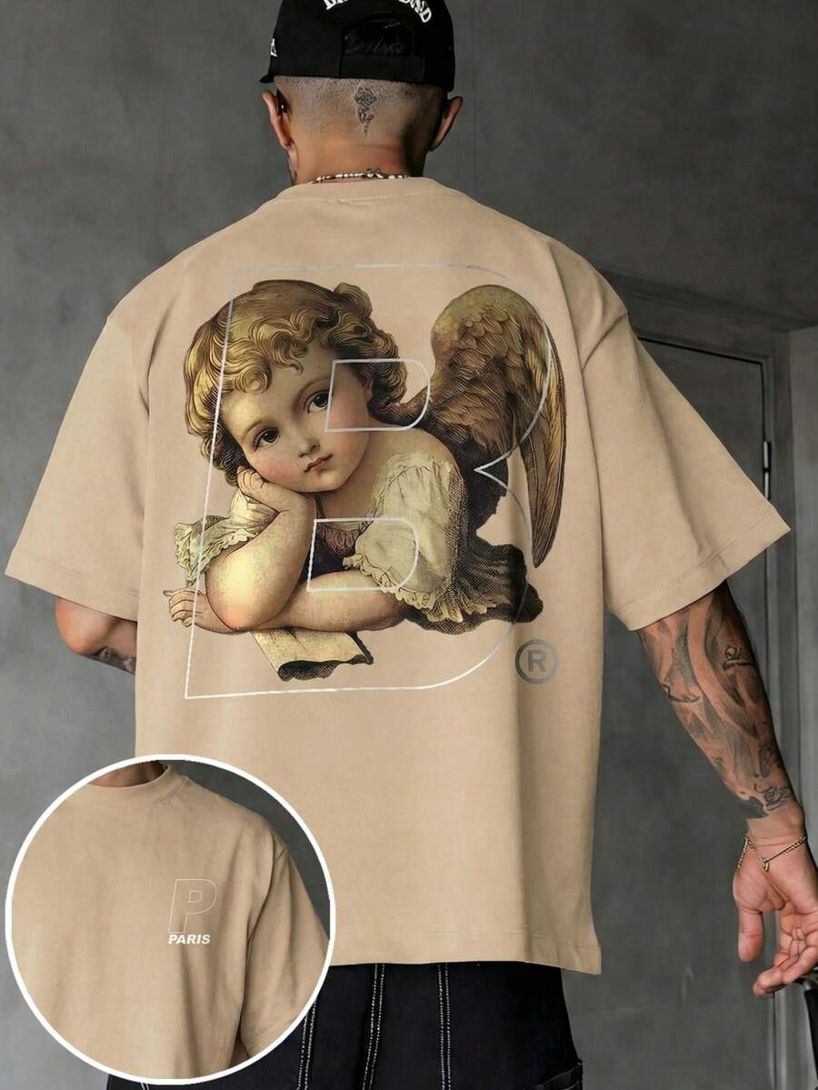 Camiseta de Manga Curta com Gola Redonda, Estampa Gráfica de Letra de Anjo Vintage, Moda de Rua Casual de Verão para Homens FRACTYR - Damasco - Visão 1